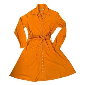 Vintage 70s Sears JR Bazaar Orange Button Front Belt Collared Dress Classic Chic